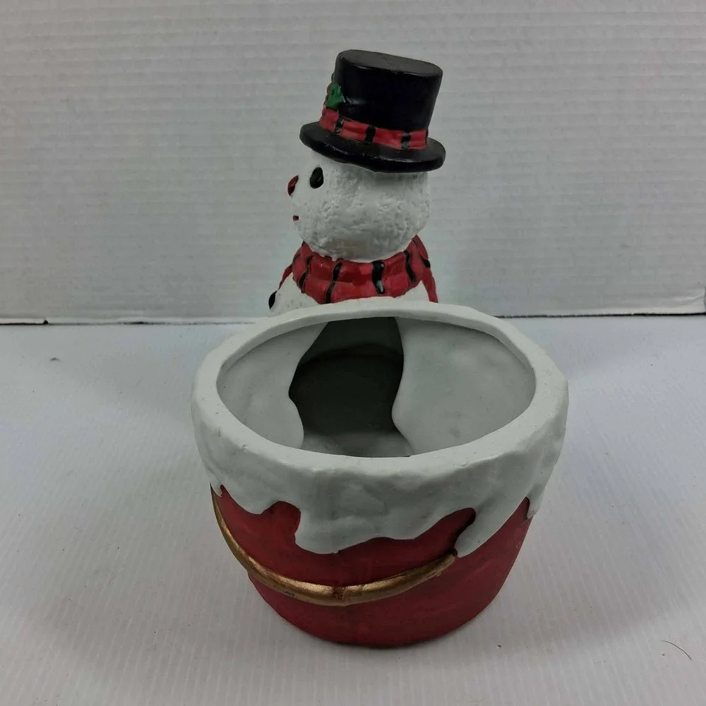 Vintage Style Ceramic Snowman Planter Christmas Holiday Candy Dish Red Bucket